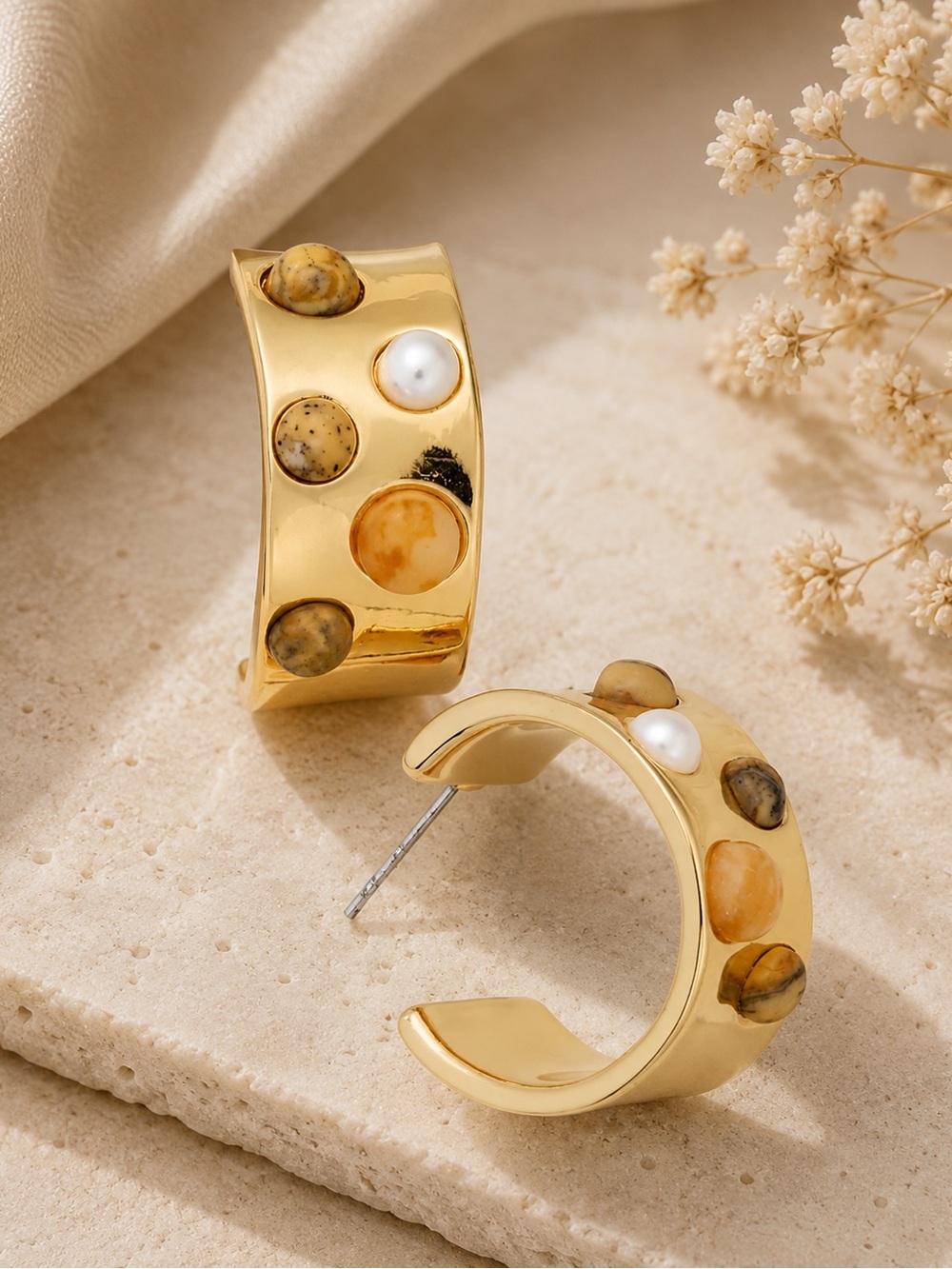 Style & Co Gold Tone Textured Hoop Earrings with Mixed Stone Detail NWT Fashion